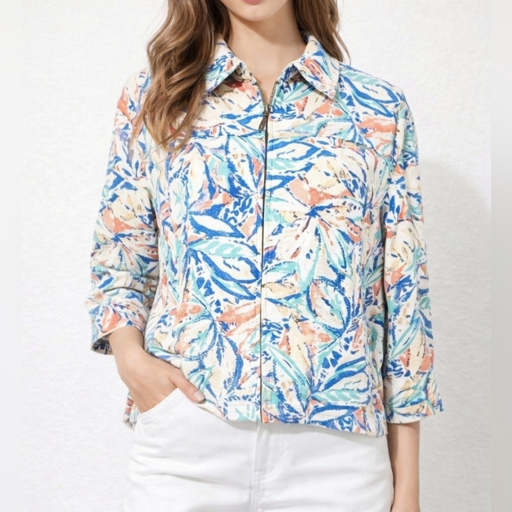 Coldwater Creek Linen Blend Zip Front Jacket Woman Size XL Multicolor Leaf Print